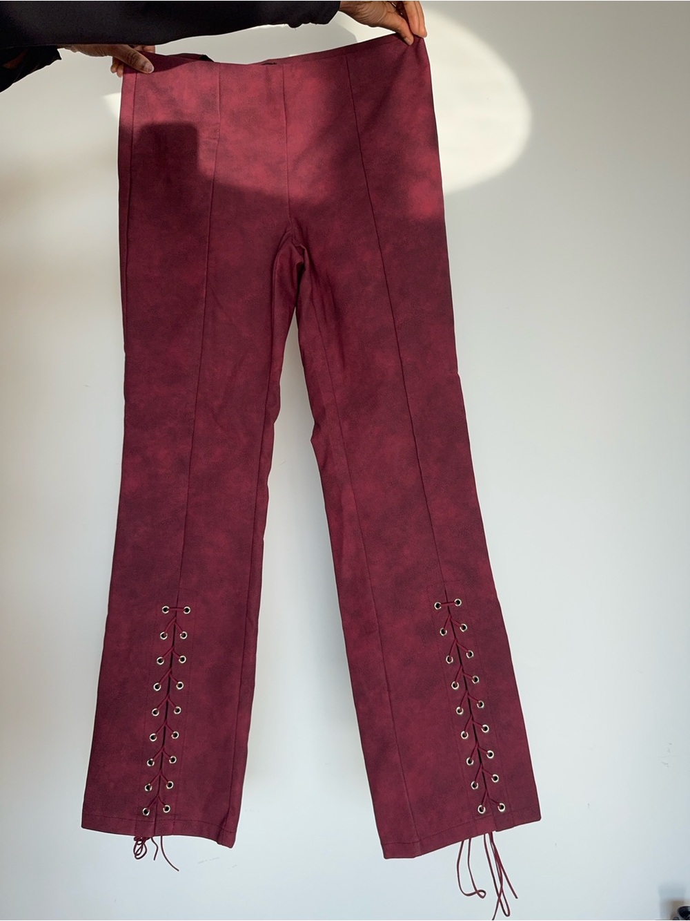 PrettyLittleThing Burgundy Lace-Up Hem Flare Jeans